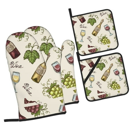 

Haiem Grapes Bbottles Wine Print Extra Long Oven Mitts and Pot Holders 4pc Sets: Heat Resistant Silicone Oven Mittens with Mini Oven Gloves and Hot Pads Potholders