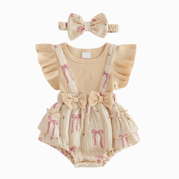 Baby Ruffle Sleeve Bodysuit with Bow Print and Waist Tie,Matching Headband Set