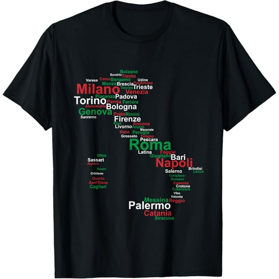 Italy Map Silhouette Flag Towns Cities Rome Travel Europe T-ShirtMen and women, Black T-shirt, size: Extra large