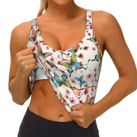 Qokaie Floral With Butterflies Pattern Womens Scoop Neck Sports Bra Breathable Workout Vest Padded U Back Medium Impact Fitness Gym Yoga Bra Workout Crop Top