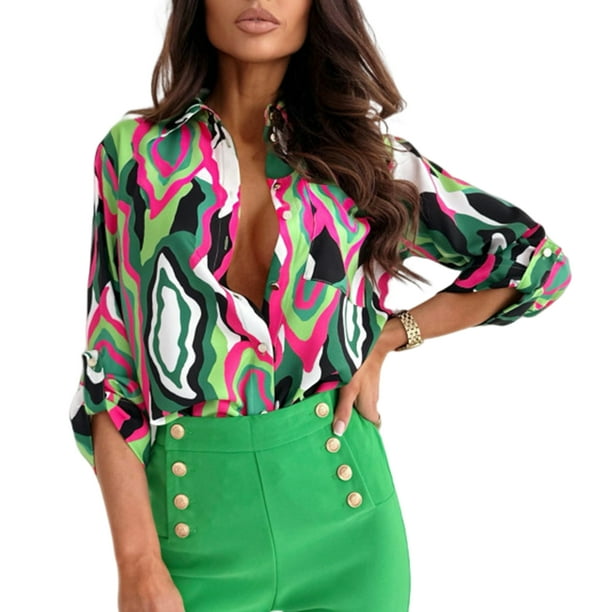 Camiseta Básica Camiseta básica con estampado colorido, camiseta de manga larga para mujer, traje holgado para mujer de oficina Ygjytge para Mujer Verde T 24