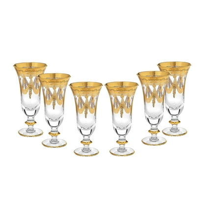 

Interglass Italy Crystal Champagne Flutes Vintage Design 24kt Gold Hand Decorated Luxury Glasses SET OF 6