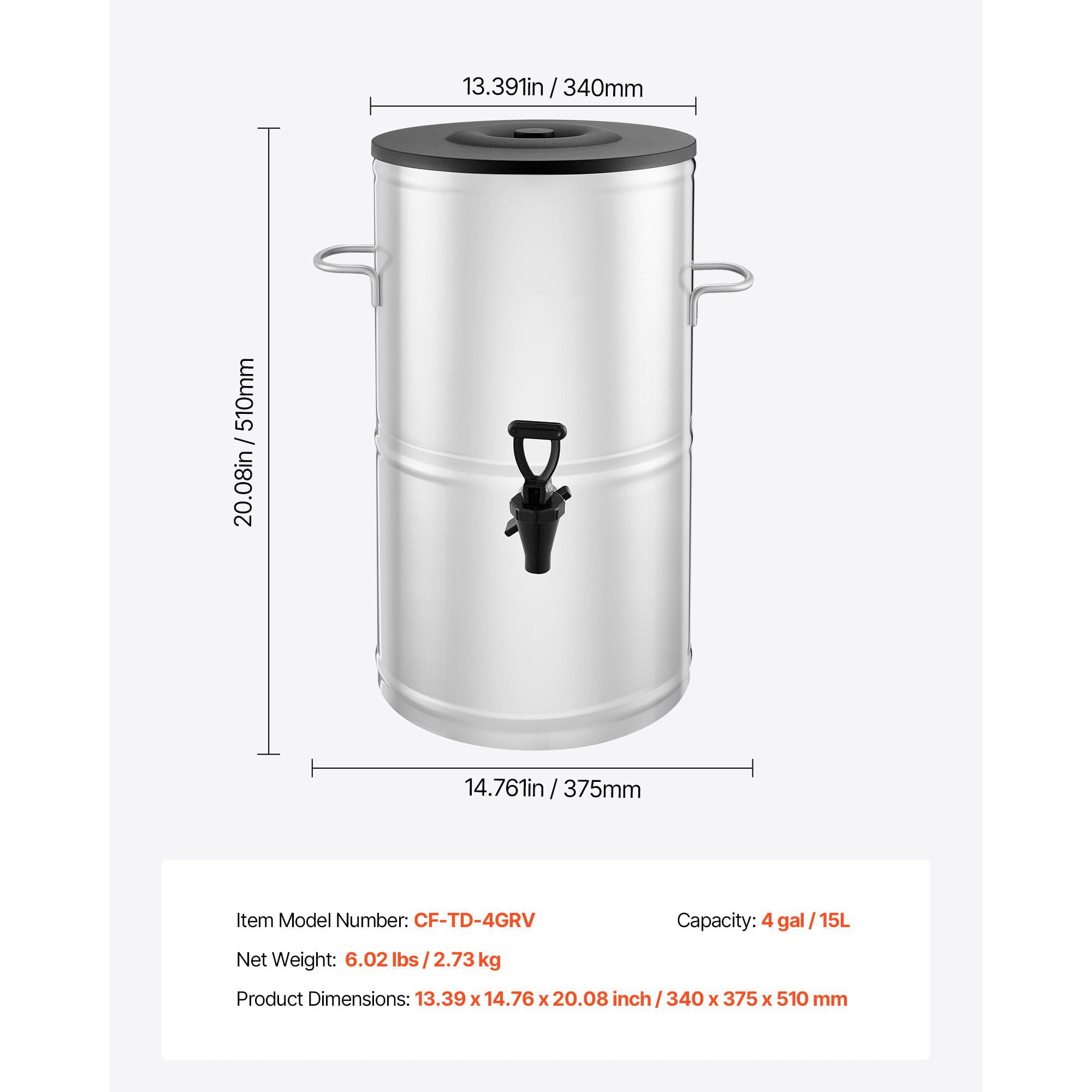 4 Gallon Iced Tea Dispenser with 304 Stainless Steel Interior, Drip-Free Spigot, Ergonomic Handle, for Cafes Restaurants Beverage Service