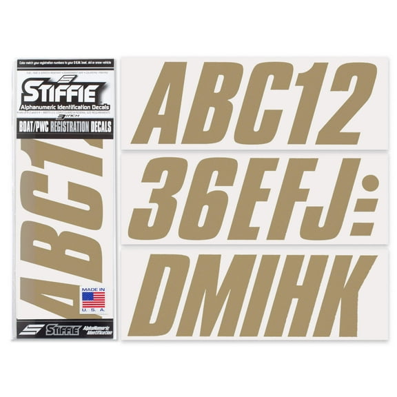 STIFFIE Shift Metallic Gold 3" Alpha-Numeric Identification Custom Kit Registration Numbers & Letters Marine Stickers Decals for Boats & Personal Watercraft PWC