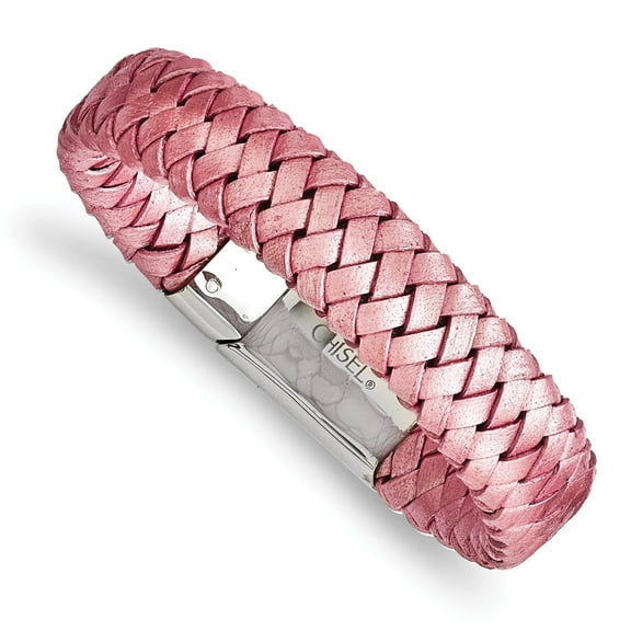 Lex & Lu Chisel Stainless Steel Polished Metallic Pink Woven Leather Bracelet