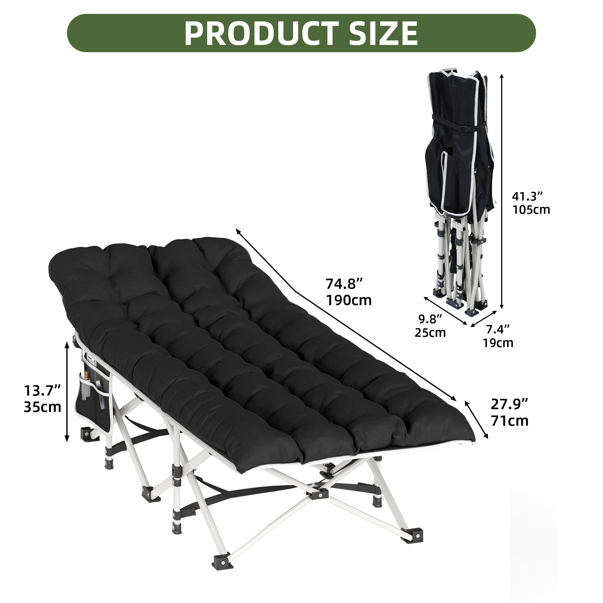 Uforic Folding Camping Cot w/ Mattress & Carry Bag, 1200D Oxford, 575 Lb Capacity for Travel, Black