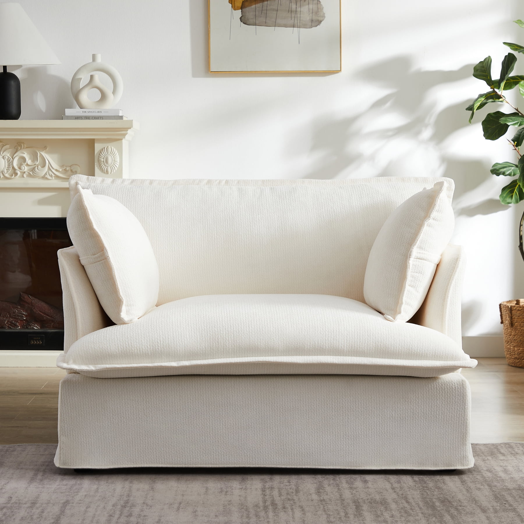 Leumius 47.2" Oversized Accent Chair with Dual-Port Charging,Modern Chenille Single Sofa with Throw Pillowsand Deep Wide Seat,Upholstered Armchair for Living Room&Apartment,White