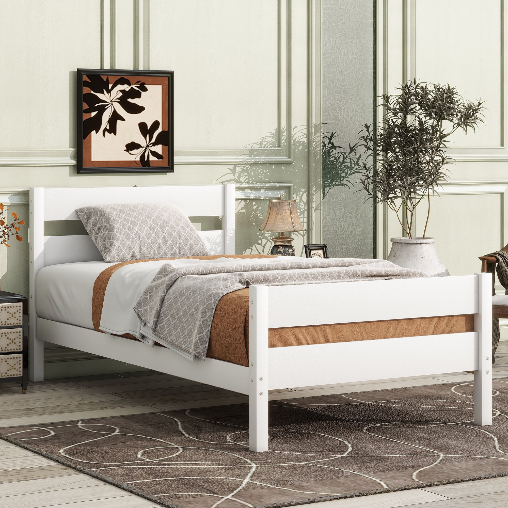 PORKISS Twin Size Bed Frame for Kids, Wood Bed Frame with Headboard/Footboard for Teens Boys Girls, No Box Spring Needed, White #2