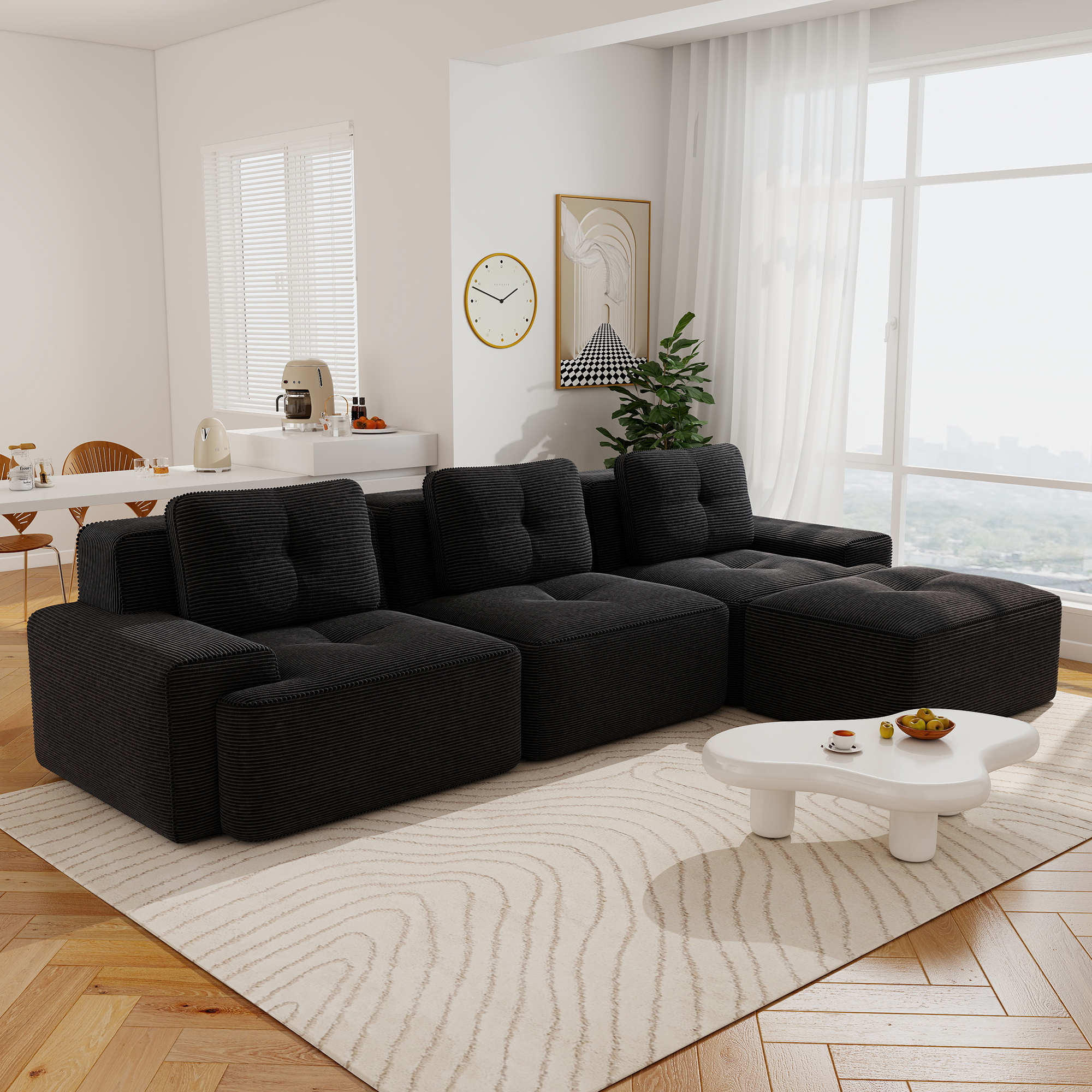 Aukfa Corduroy 4-Piece Modular Sectional Sofa, 93-in Wide 3-Seat Sofa with Ottoman, Tufted Design, Blue