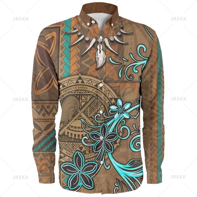 Camisas de manga larga con estampado 3D del emblema de Samoa Americana de Harajuku de tamaño pequeño para hombres, blusa con solapa gráfica con patrones tribales de Samoa