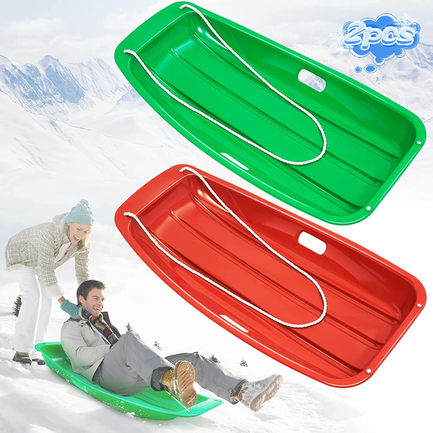 KIDS HEAVY DUTY SNOW SLEDGE TOBOGGAN SLEIGH SLED ROPE PLASTIC ADULTS SKI BOARD 