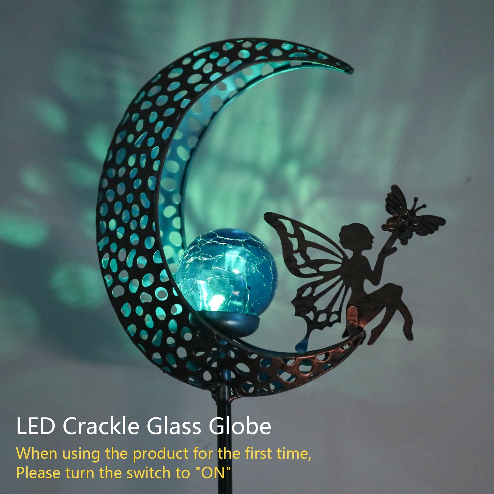 Moon Solar Light Outdoor Garden Stake, Moon Fairy Garden Statue Decor,Metal Light Stake for Patio, Path, Yard and Lawn Ornament,Blue