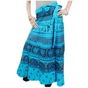 Mogul Women's Wrap Around Skirt Blue Block Print Sarong Dress