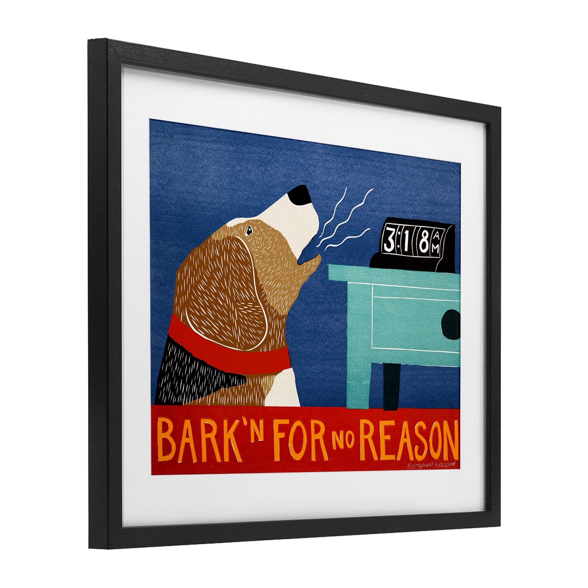 Bark'n For No Reason Black Framed Print Under Glass, design by Stephen Huneck