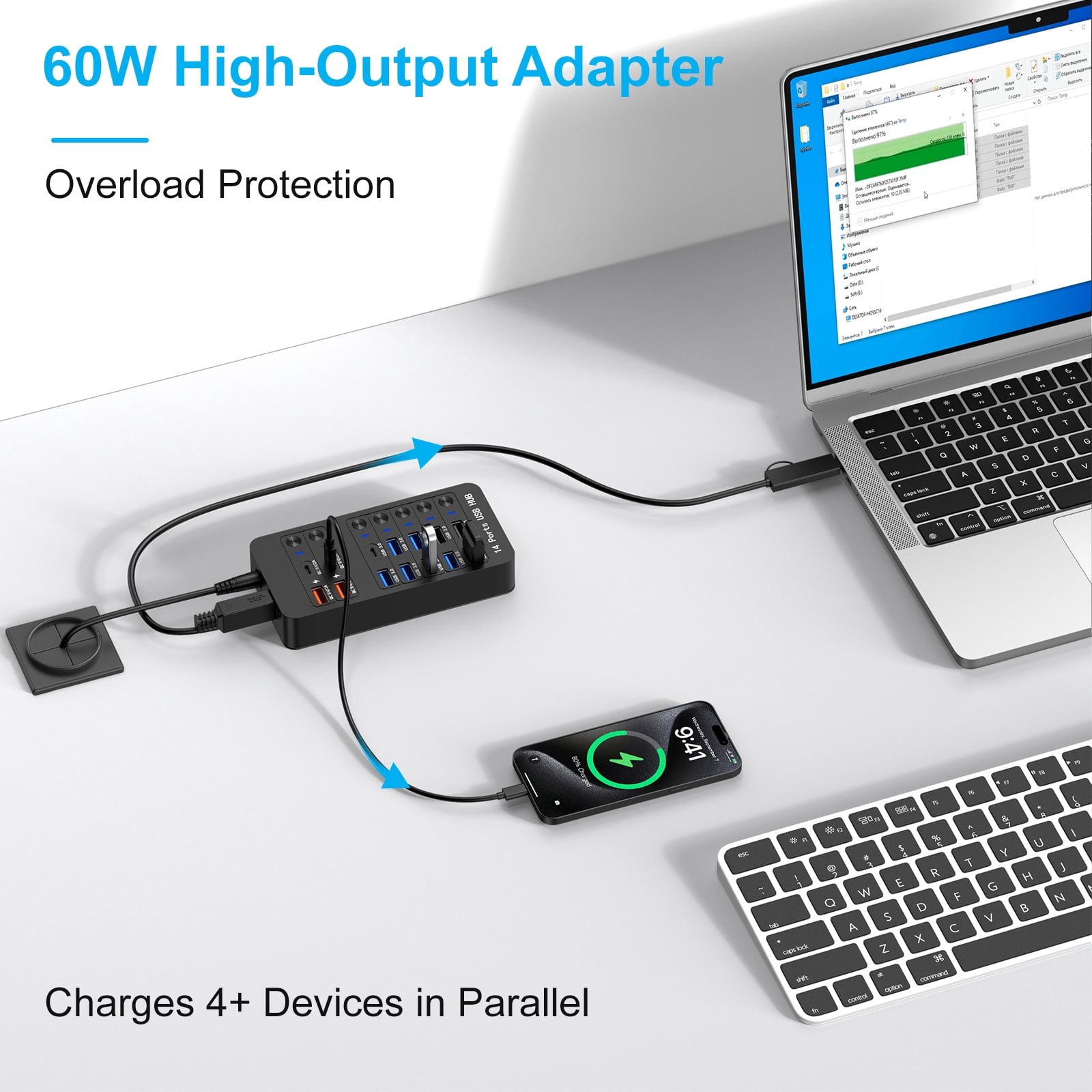 14-in-1 Powered USB Hub with 60W PD Charging, 6 USB 3.0 Ports, 4 Fast-Charging Ports, 1 USB-C 3.0 Data Port & LED Switches for Laptop, Phone, Tablet