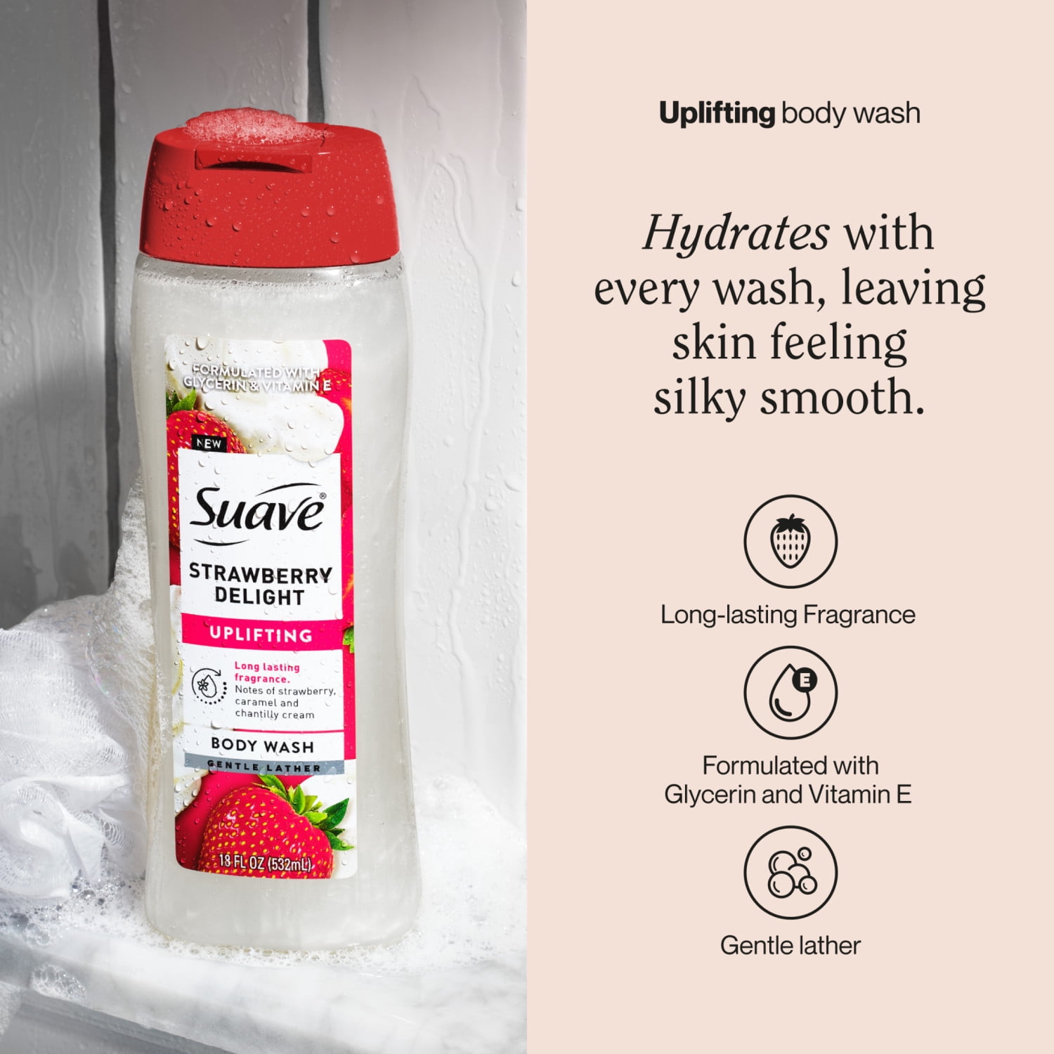 Suave Strawberry Delight Uplifting Body Wash, with Glycerin & Vitamin E, 18 FL OZ