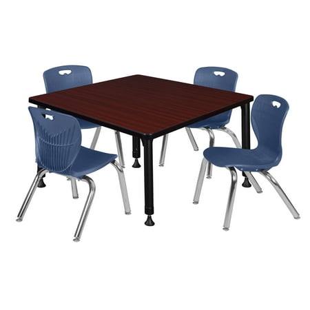 UPC: 0192357039045 | Regency Kee 42  Square Height Adjustable Classroom Table – Mahogany & 4 Andy 12-in Stack Chairs- Navy Blue