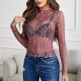 thumbnail image 4 of KDDYLITQ Mesh Tops for Women Long Sleeve Sheer Sexy Undershirt Mock Neck Floral Lace See Through Shirts Purple Pink XL, 4 of 4
