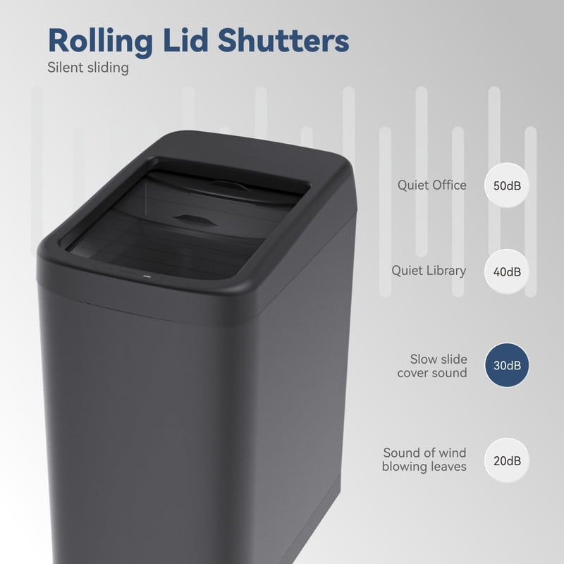 AUKTOPT 8 Gallon Motion Sensor Trash Can with Wheels, Stainless Steel Automatic Garbage Bin with Sliding Row Up Lid, Touchless Hands-Free Soft-Close, Black