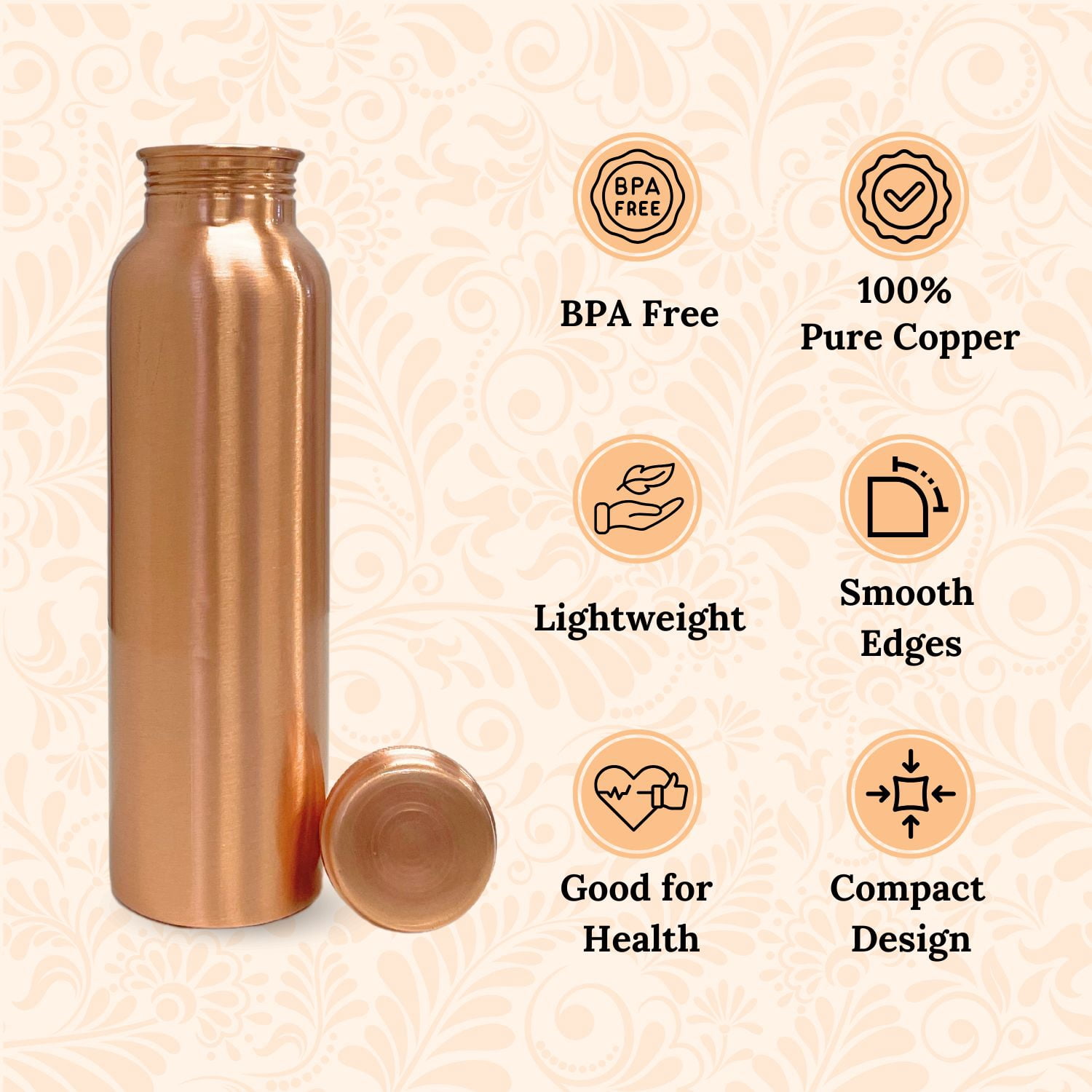 SuperGeneriX 34 oz Copper Water Bottle - Leakproof Travel Bottle (Copper Plain)