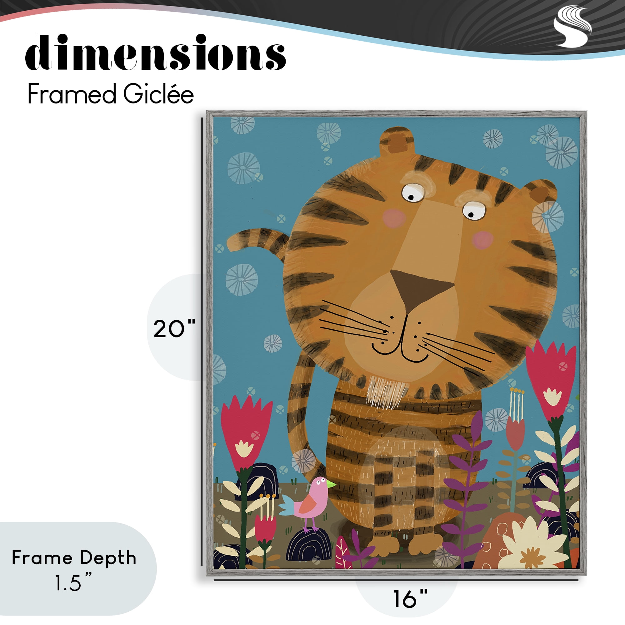 Stupell Industries Boho Tiger & Flowers Gray Framed Giclee Art, design by Carla Daly