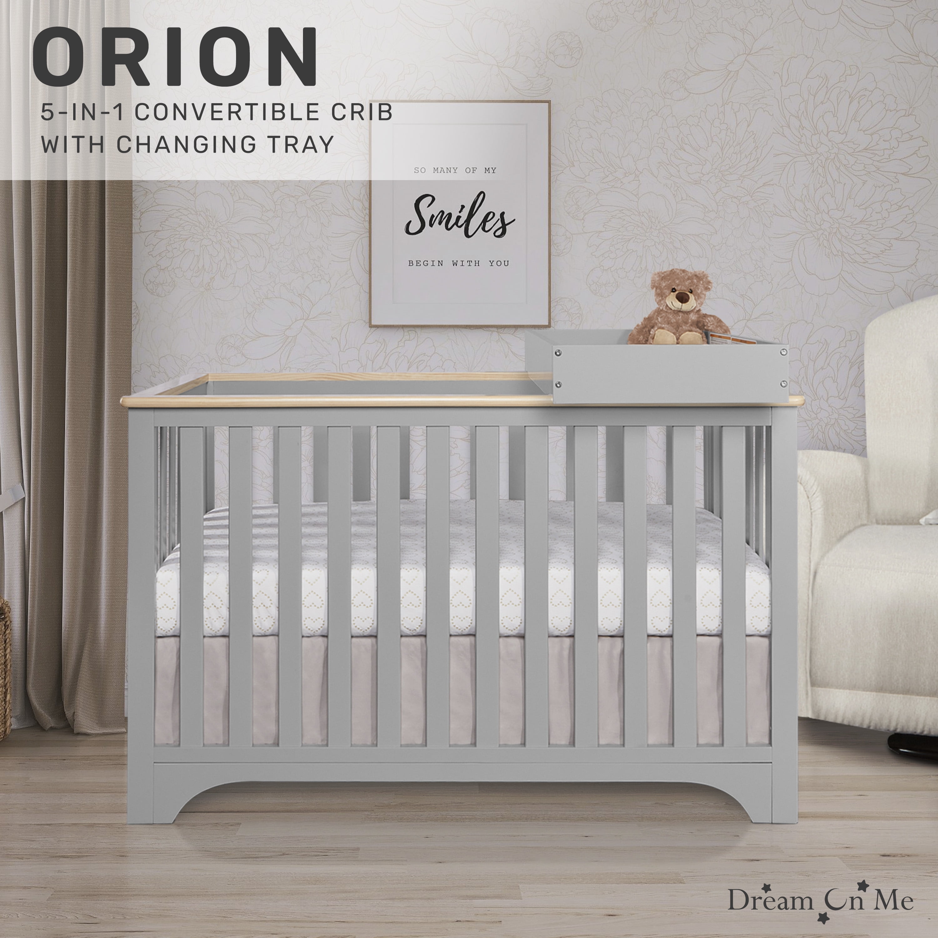 Dream On Me Orion 5-in-1 Convertible Crib with Removable Changing Tray, Pebble Grey Vintage