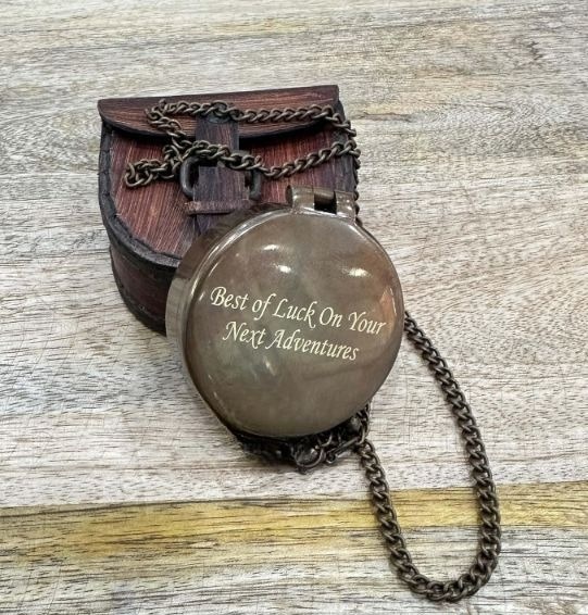 Antique Brass Pocket Compass with Leather Case Compass for Camping, Hiking Gift for Men, Him, Son | Engraved Compass