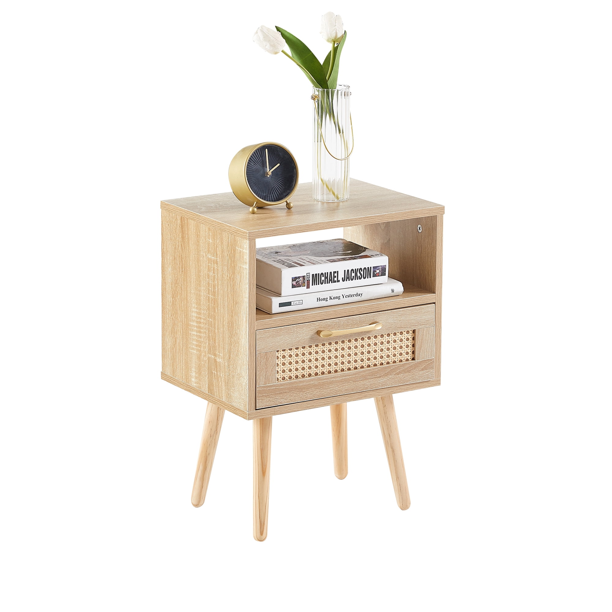 Kepooman Rattan Nightstand, 15.75" Bedside Table with Drawer and Solid Wood Legs, Wood End Table for Bedroom, Natural Kepooman Rattan Nightstand, 15.75" Bedside Table with Drawer and Solid Wood Legs, Wood End Table for Bedroom, Natural