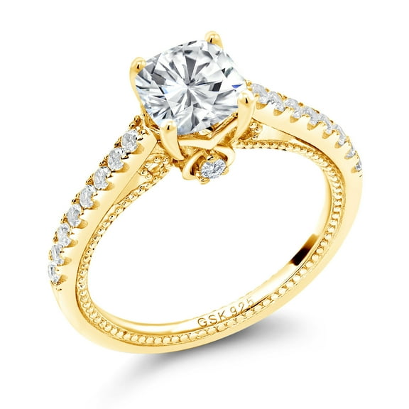 Gem Stone King 18K Yellow Gold Plated Silver Moissanite and White Created Sapphire Engagement Ring for Women (1.37 Cttw, Cushion 6MM, Gemstone Birthstone, Available in Size 5, 6, 7, 8, 9)