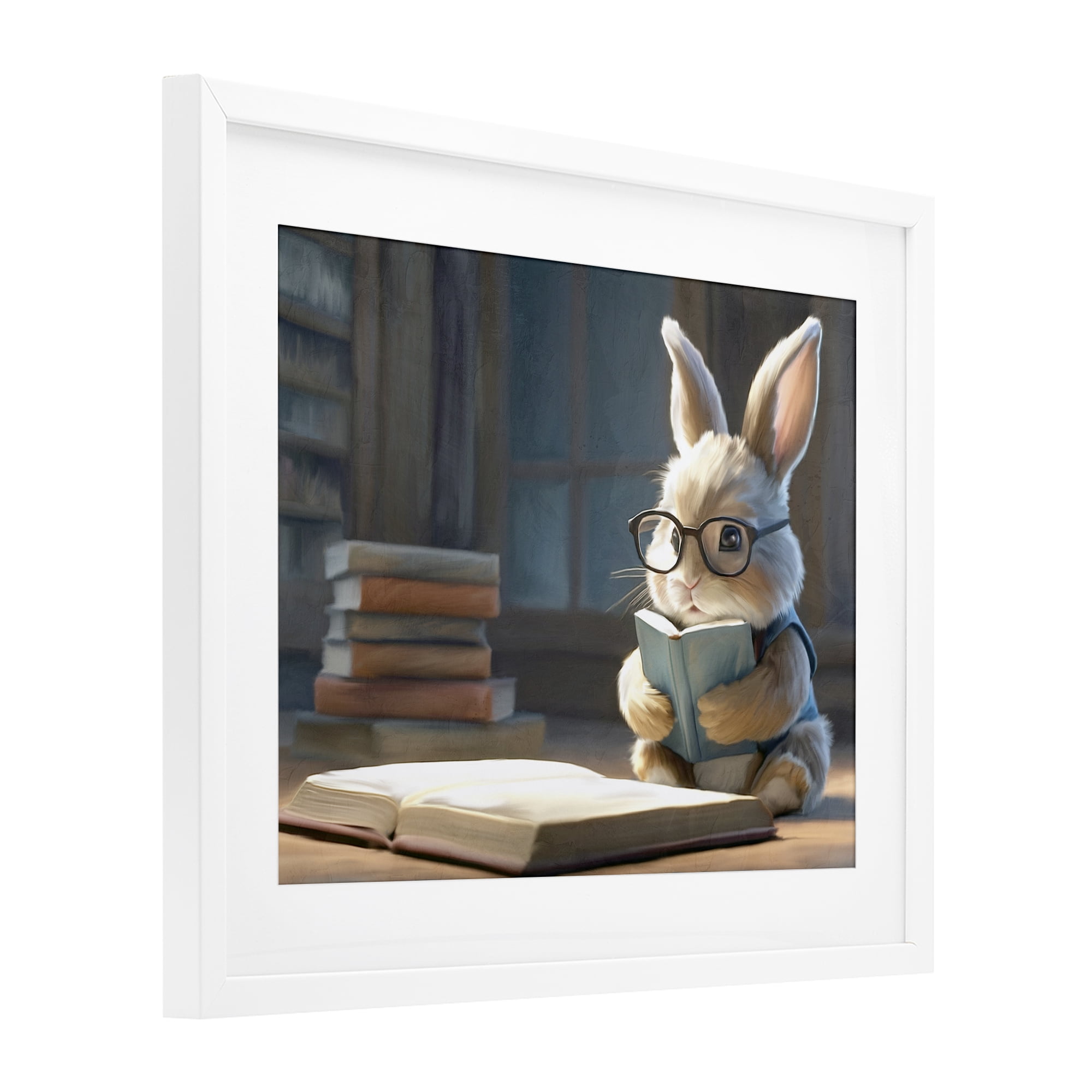 Stupell Industries Bookish Bunny at Desk White Framed Print Under Glass, design by Kim Allen