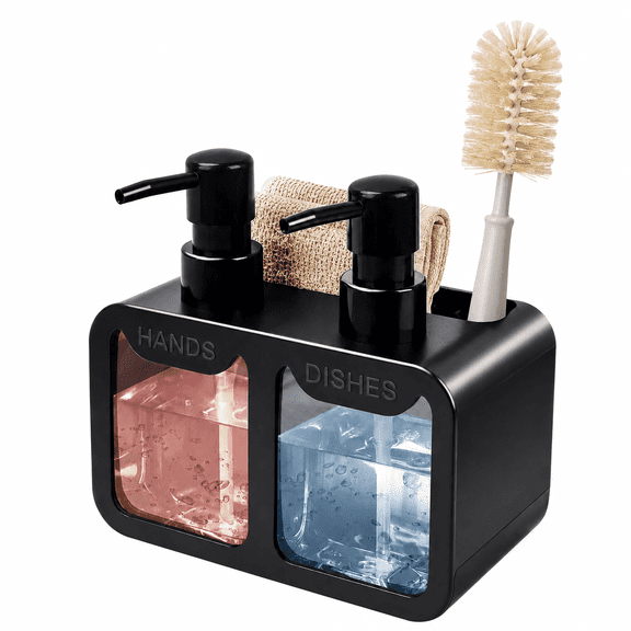 Kitchen Soap Dispenser with Sponge Holder, Dual Dish Soap Dispenser for Kitchen Sink, 4-in-1 Sink Organizer with Brush Holder, Black
