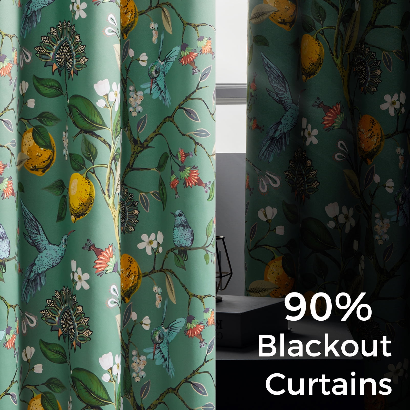 Topfinel Fancy Hummingbird Patterned Curtain,SageGreen Curtains for Living Room, Thermal Insulated Blackout Curtains for Bedroom, Floral Vintage Lemon Curtains 84 inch Length 2 Panels Set