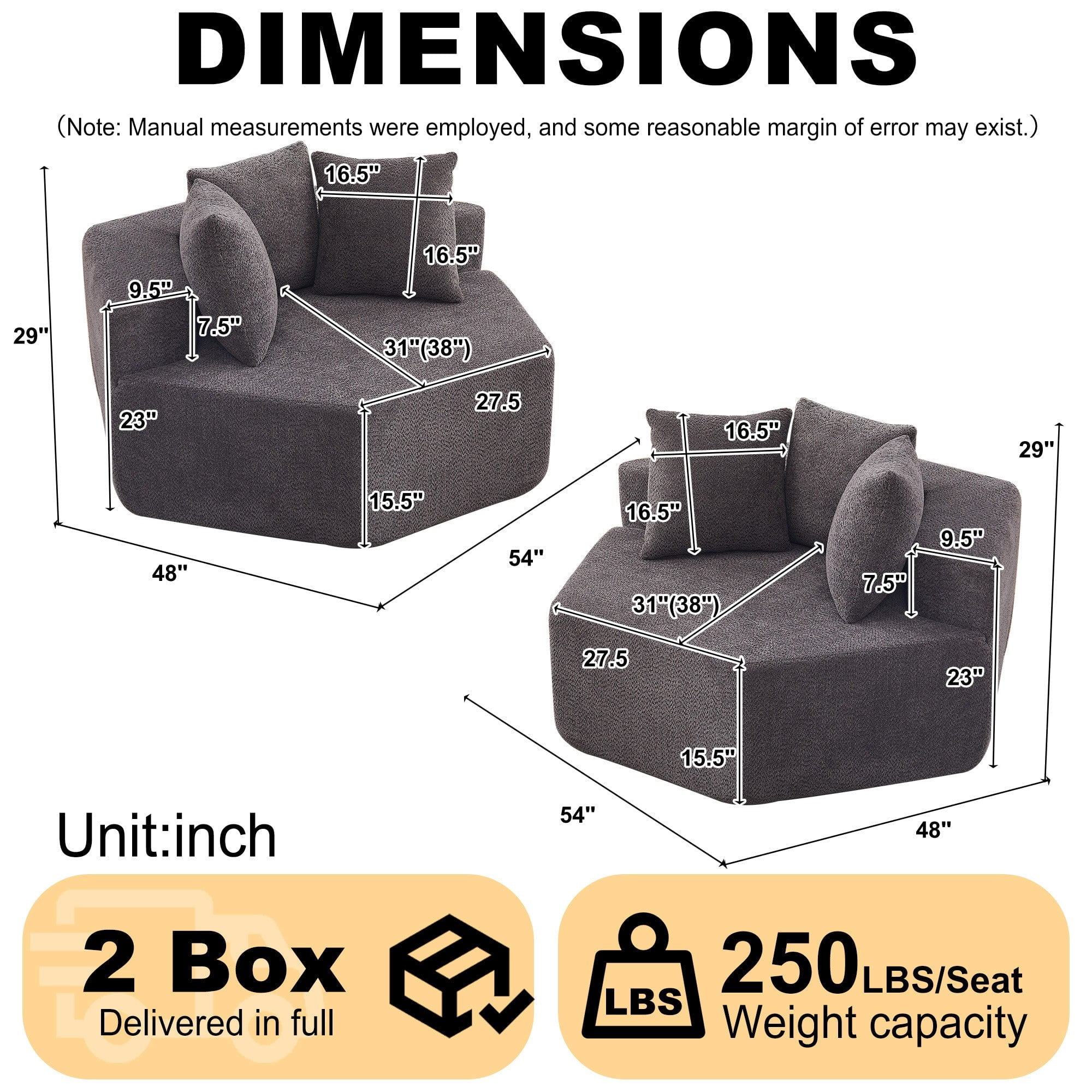 Sailvan 2PCS 54" Modern Hexagonal Modular Lounge Chair, Chenille Circular Sofa with Pillows, Modular Seating for Living Room & Bedroom Grey