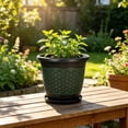 thumbnail image 6 of Thickened Plastic Flower Pot Outdoor, Black Embossed Faux Rattan Style Planter with Drip Tray for Garden Patio Balcony, Housewarming Gift for Plant Lover, 6 of 6