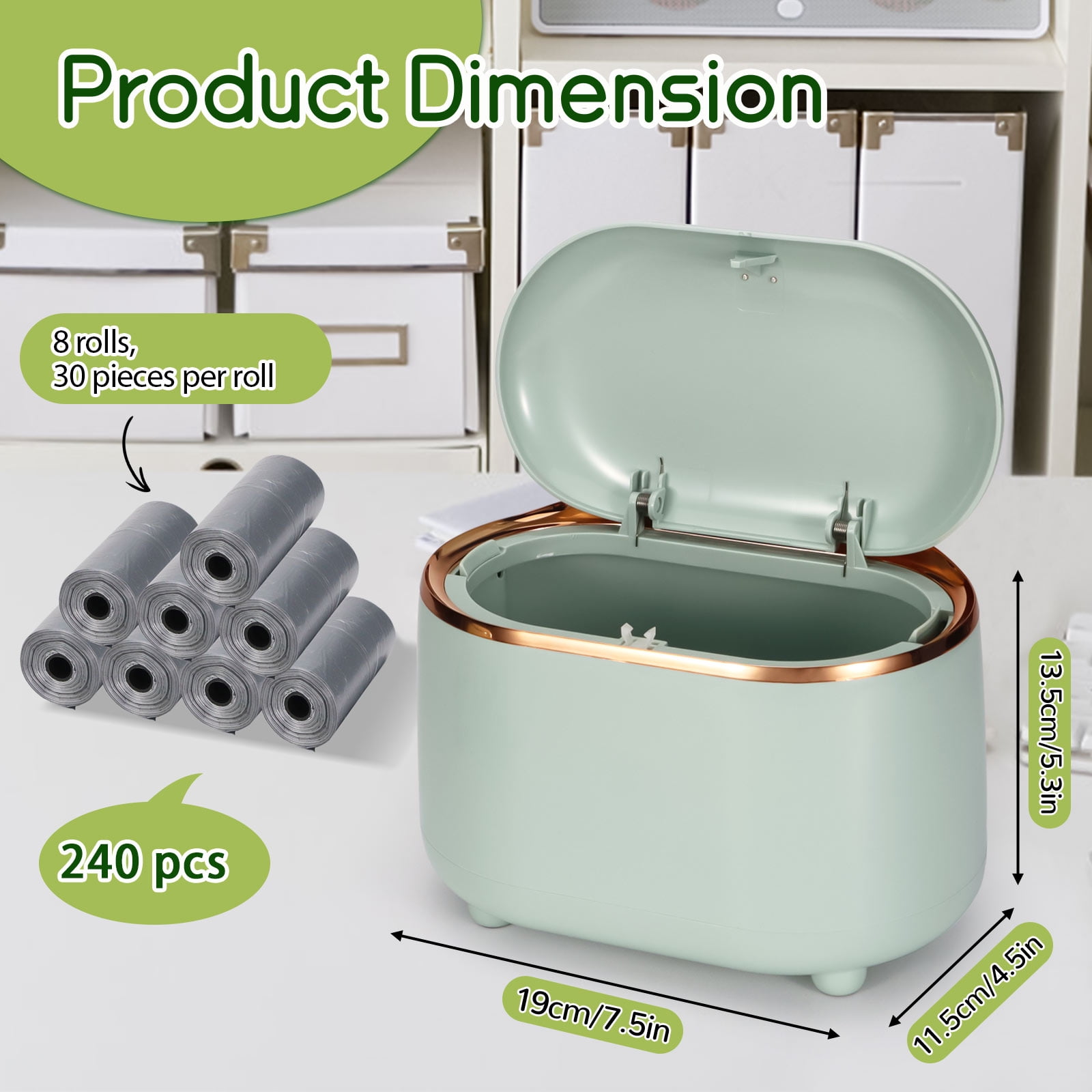 LELE LIFE Mini Trash Can for Desk with 240 Trash Bags, Pop Up Small Desktop Trash Can with Lid, Tiny Countertop Garbage Can for Table Top Bathroom Vanity Nightstand, Green
