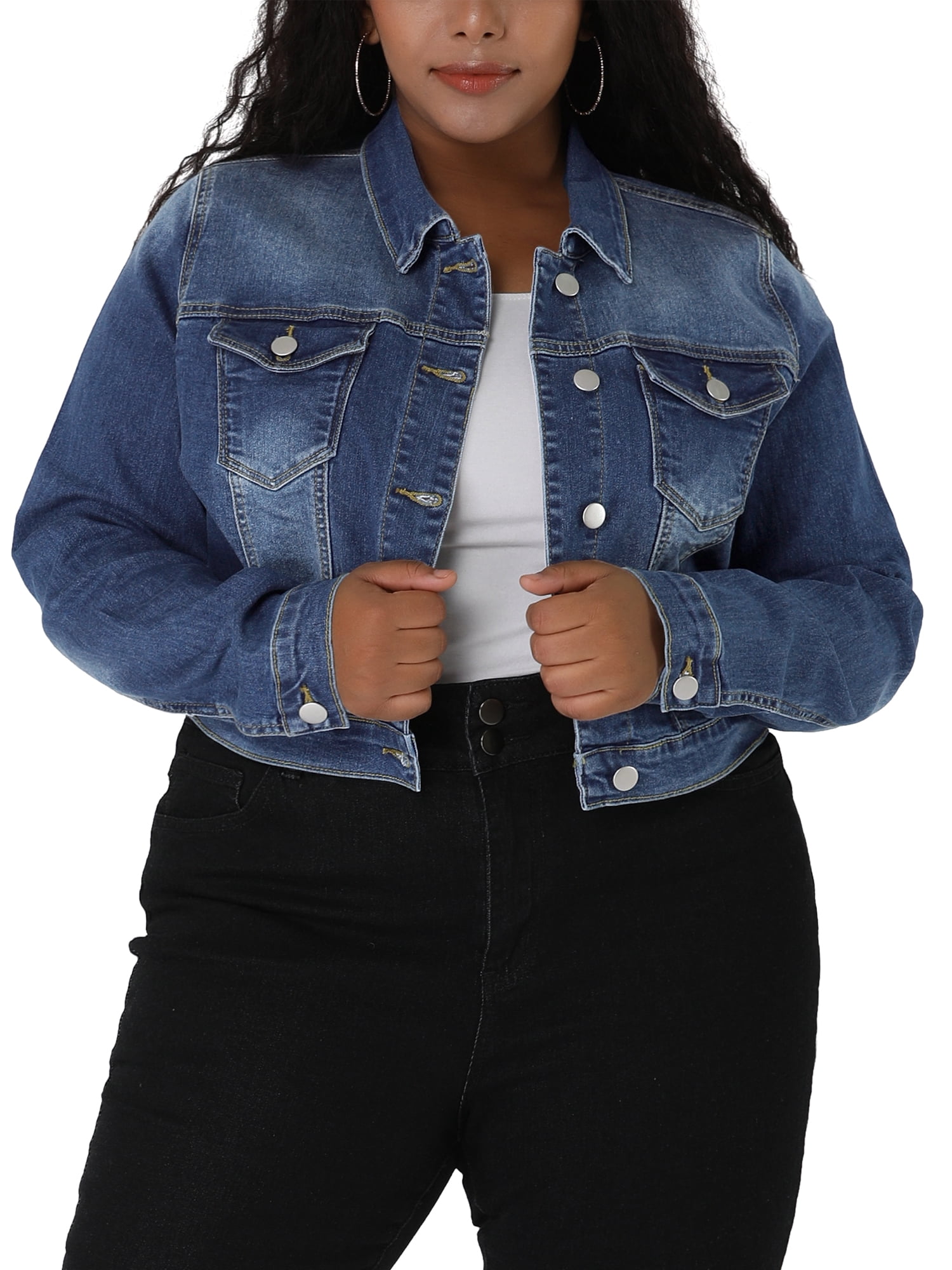 DARING DIVA Women's Plus Button Closed Cropped Denim Jacket 6X Blue
