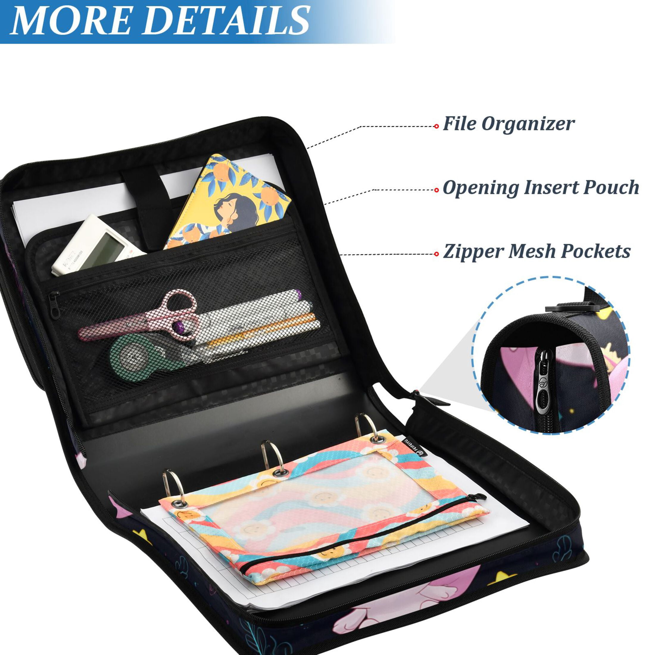 ALAZA Zipper Binder Cartoon Axolotl Stars 3 Ring Trapper Keeper File Folder Organizer Bag