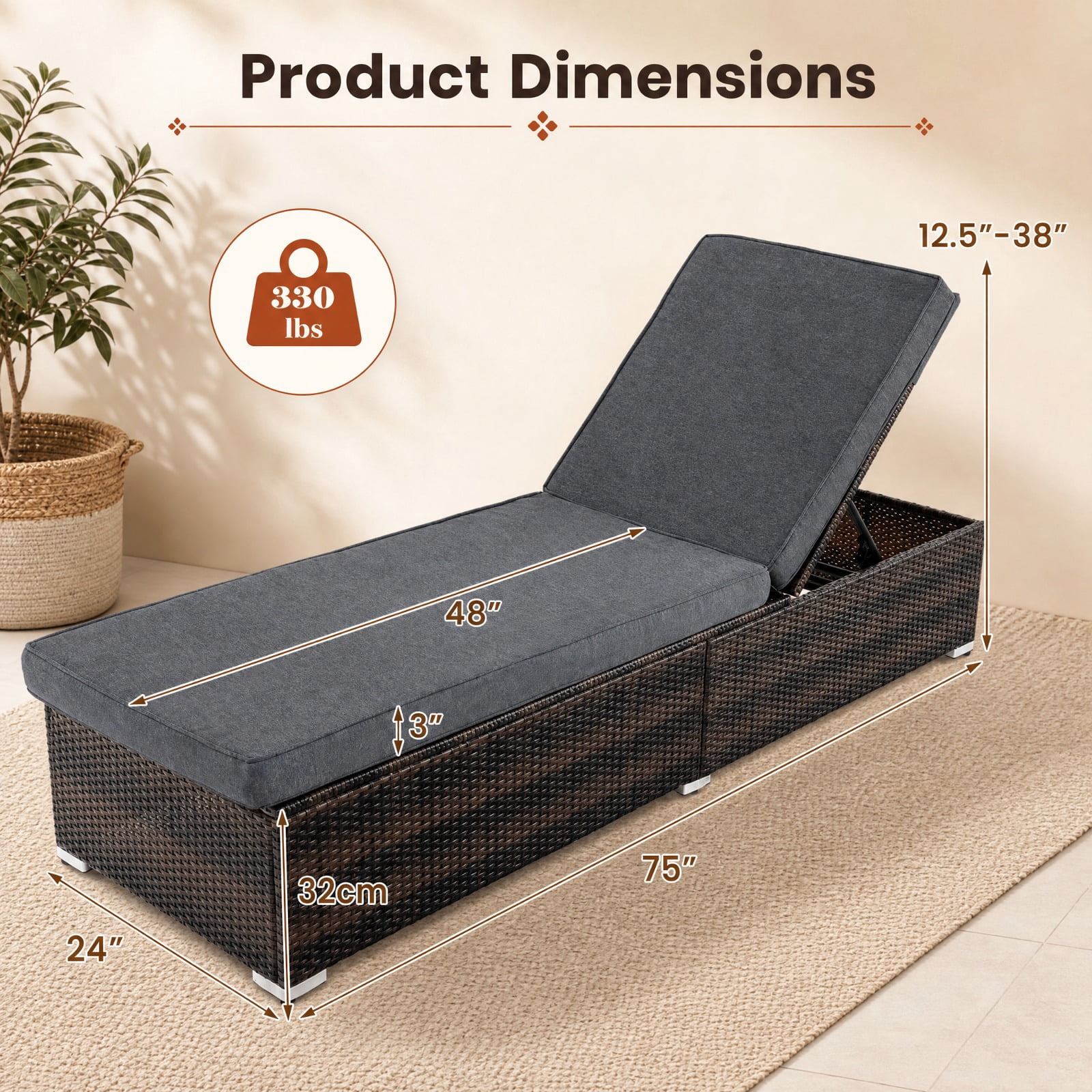 Furnibear Patio Wicker Lounge Chair with 4 Level Adjustable Backrest Long Seat Cushion PE Rattan Weave and Metal Frame for Poolside, Brown