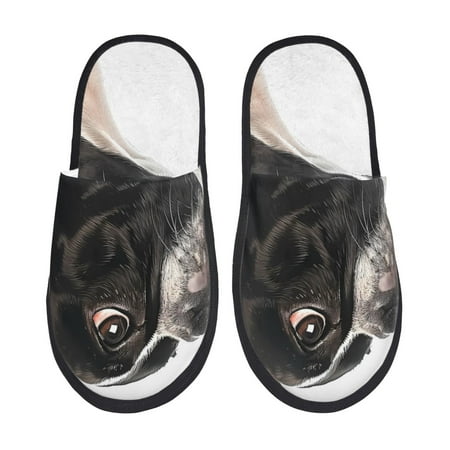 

Fuzoiu Black And White Boston Terrier Print Unisex Furry Slippers Plush Indoor Shoes Trendy House Slippers Anti-Skid EVA Sole House Shoes for Home Office and Travel -Medium