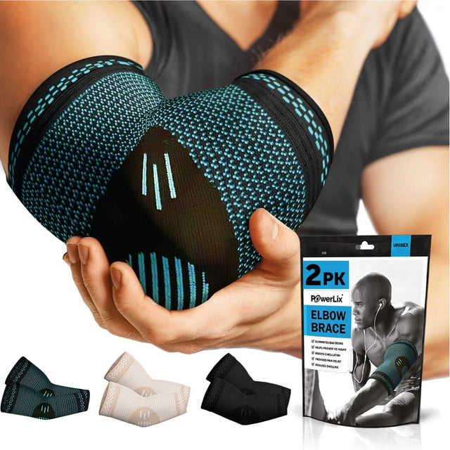 POWERLIX Support de compression pour Coude (Paire) - Manchon de Coude pour Tendinite, Tennis et Traitement du Coude pour Golfeurs, Arthrite, Entraînements, Musculation - Réduit la Douleur au Coude (Bleu, P)