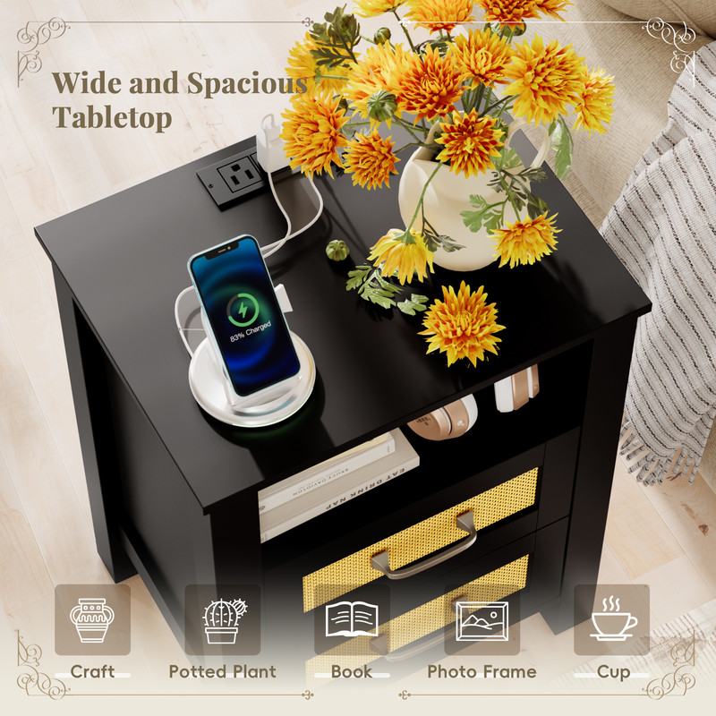 Vineego 1 Piece Rattan Nightstand with Power Outlet, End Table Beside Table with 2 Drawers & 1 Open Shelf for Bedroom Living Room, Black