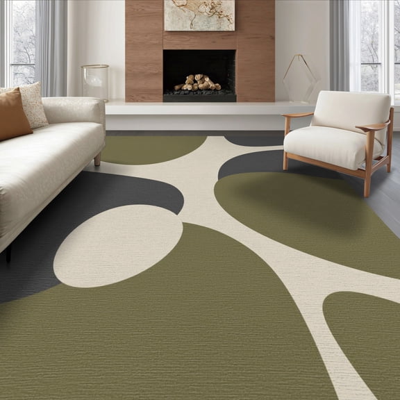 ODIKA 8'x10' Washable Area Rug Durable, Non-Slip Olive and Charcoal Abstract Design Modern Shapes with Flowing Lines for Living Room, Under Sectional, Family