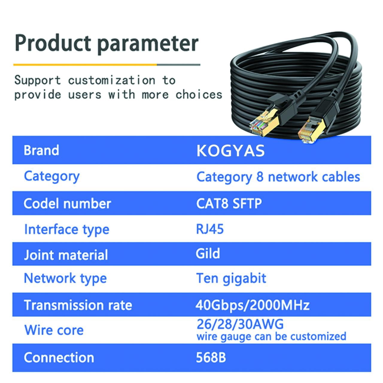 KOGYAS Cat8 Ethernet Cable 100 ft, Ethernet Cord,Network Cable Support Cat5/Cat5e/Cat6/Cat6e Standards,High Speed 40Gbps 2000Mhz F/FTP LAN Wires with RJ45 Gold Plated Connector for Modem,Router,PC