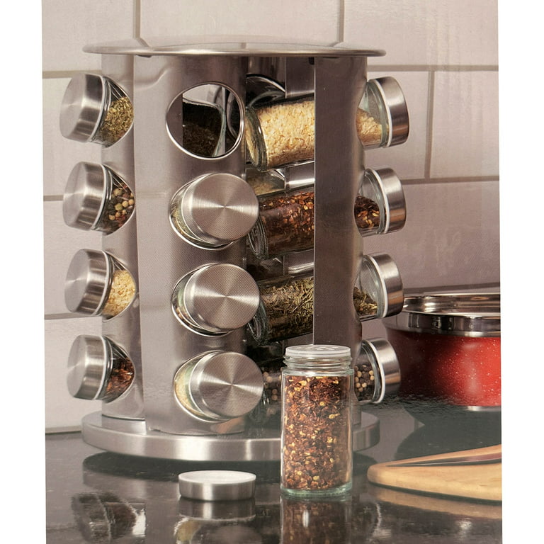 Home Basics Deluxe 16 Piece Revolving Spice Rack, Stainless Steel, 7.25x11 Inches