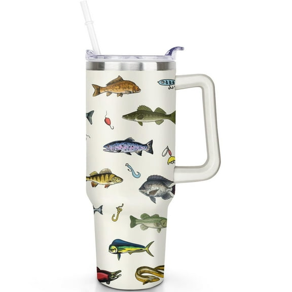 Fish 40oz Flip Straw Lid Tumbler Stainless Steel Vacuum Insulated Handle Leak Proof Travel Mug Gift for Him Her Travel Accessories Must Have