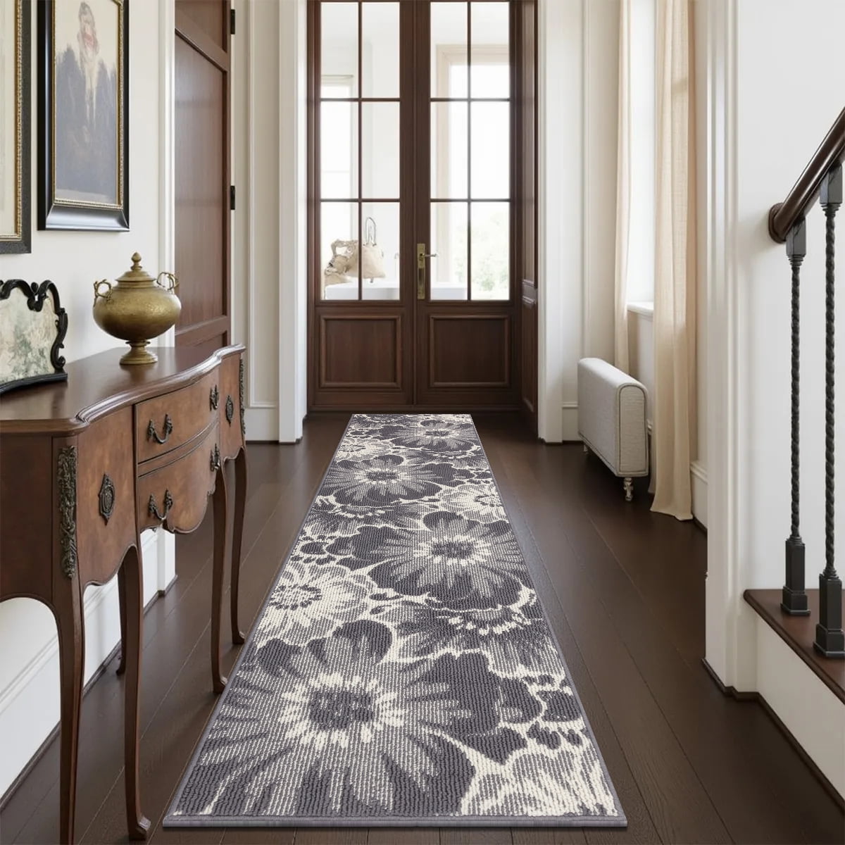 Findosom Runner Rug for Hallway 2x8 ft,Non-slip Machine Washable Runners Flower Floor Mats Low Pile Carpet Rug Runner with Rubber Backing for Entryway Doormat Bathroom Kitchen Laundry Room,Gray