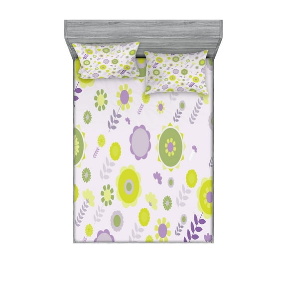 Ambesonne Floral Fitted Sheet & Pillow Sham Set, Funky Flowers Pattern, Queen, Olive Green Apple