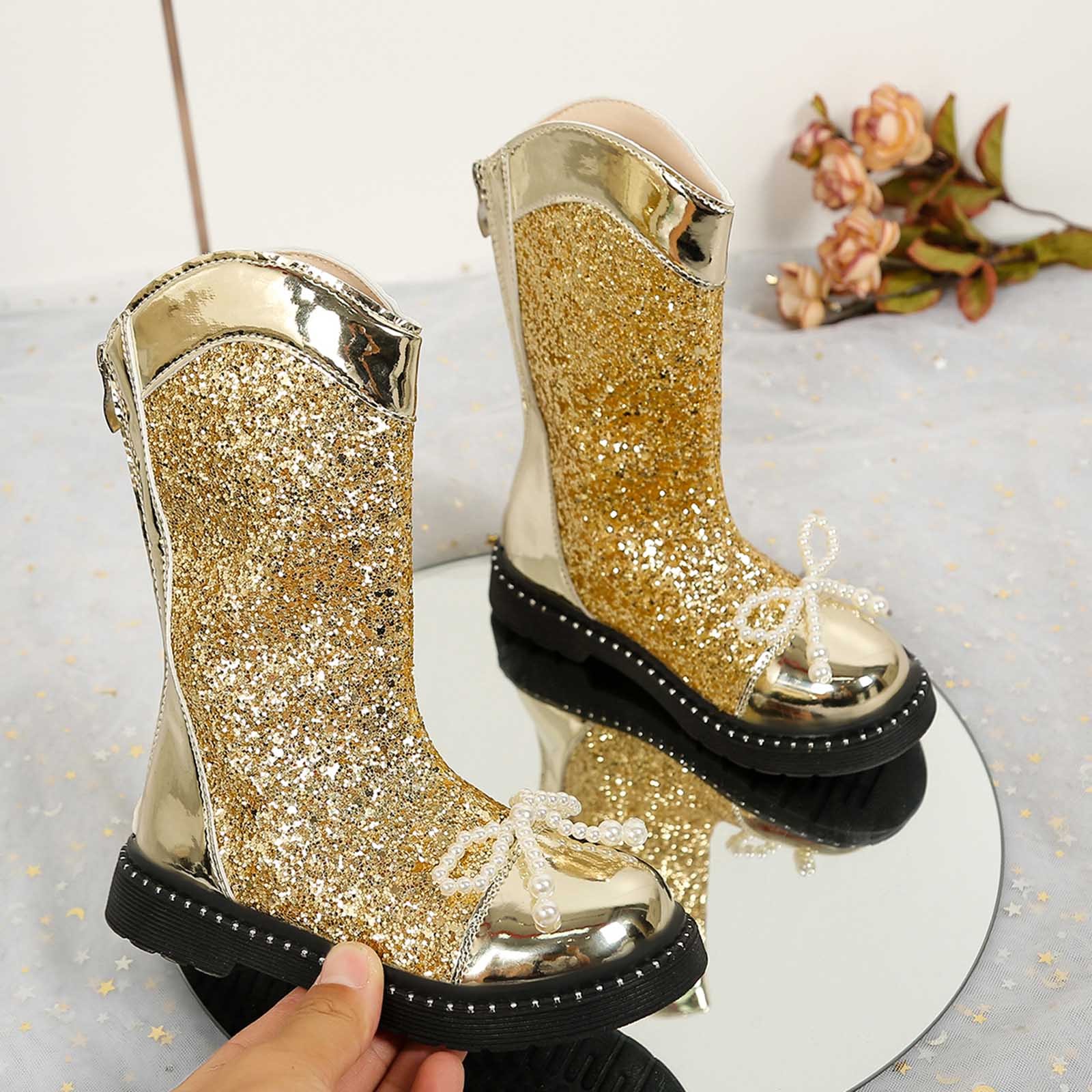 CXYYY Gold Sparkly Leather Boots for Girls Winter Trendy Bow Mid