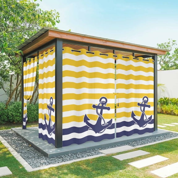 Anchor Striped Outdoor Curtains for Patio, Ocean Sage Yellow and Blue Striped Decor Waterproof Outside Curtains Privacy Blackout Curtain for Porch Pergola Cabana, 2 Panel 54W x 95L Inch
