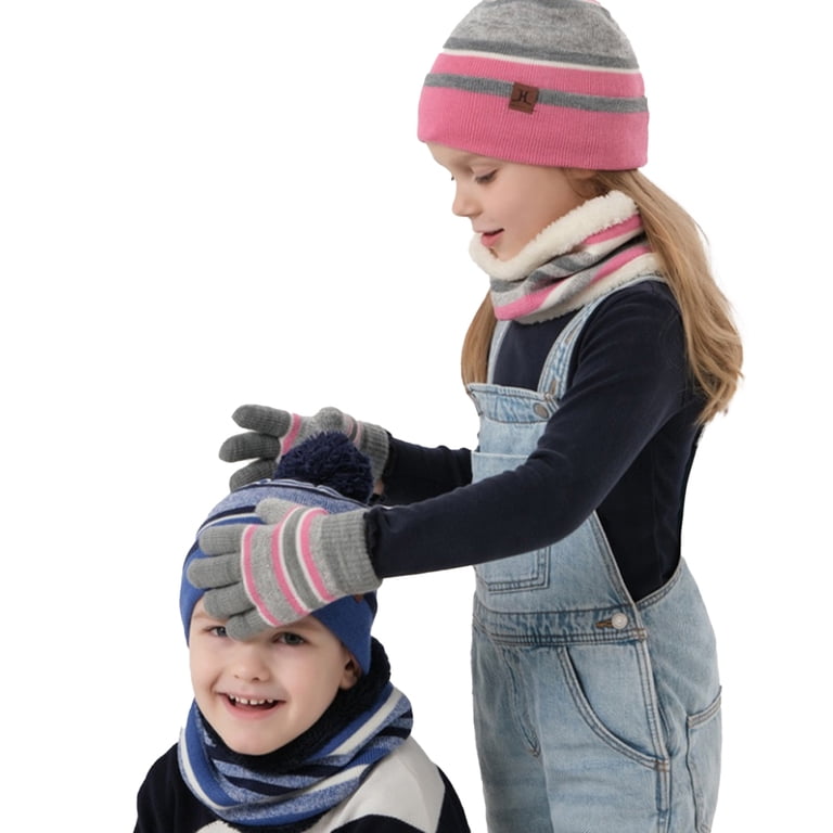 Ensemble Bonnet, Écharpe Et Gants Tactiles Enfant - Tricot Chaud Avec Pompon, Taille Unique 4-10 Ans, 7 Couleurs